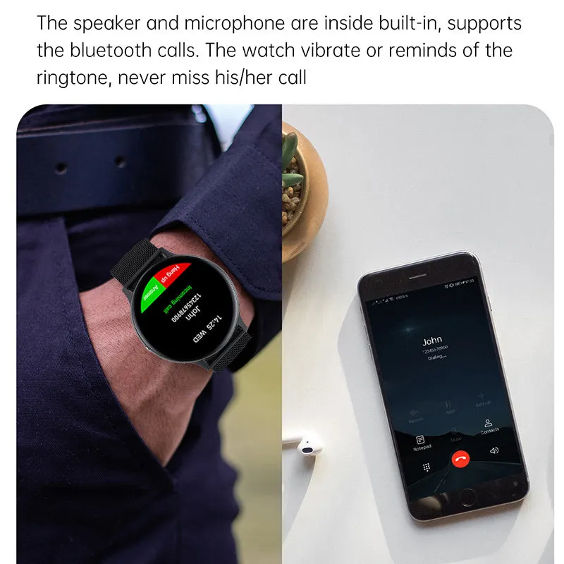 Black smart bracelet with touch screen showing heart rate data on a wrist.