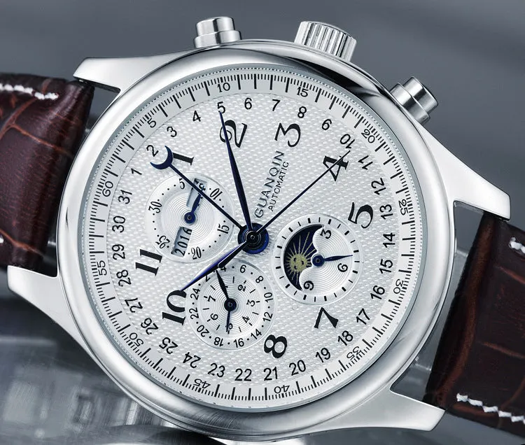Men's mechanical perpetual calendar watch with moon phase display and luminous hands