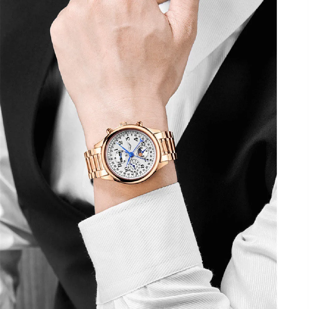Men's mechanical perpetual calendar watch with moon phase display and luminous hands