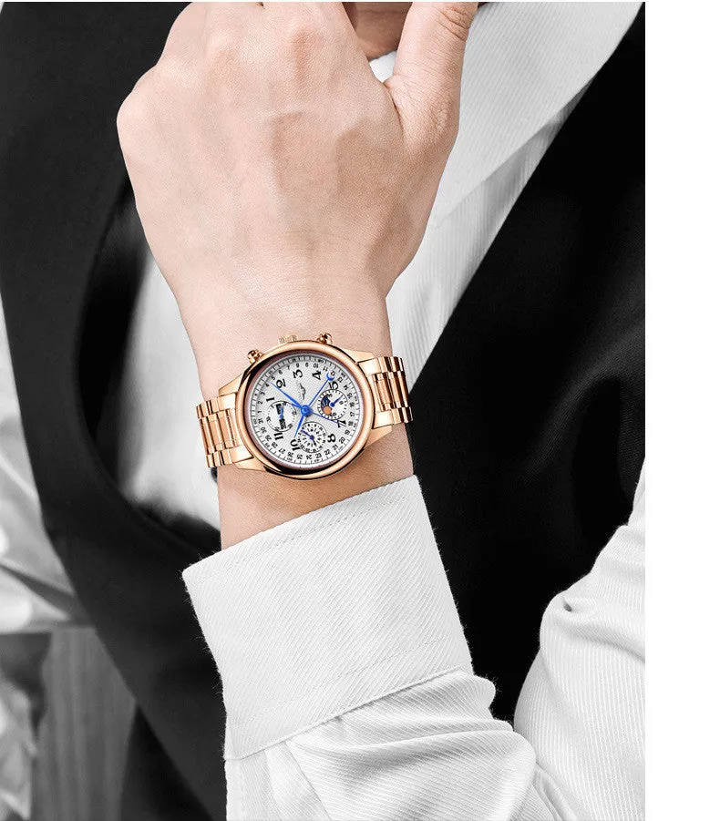 Men's mechanical perpetual calendar watch with moon phase display and luminous hands