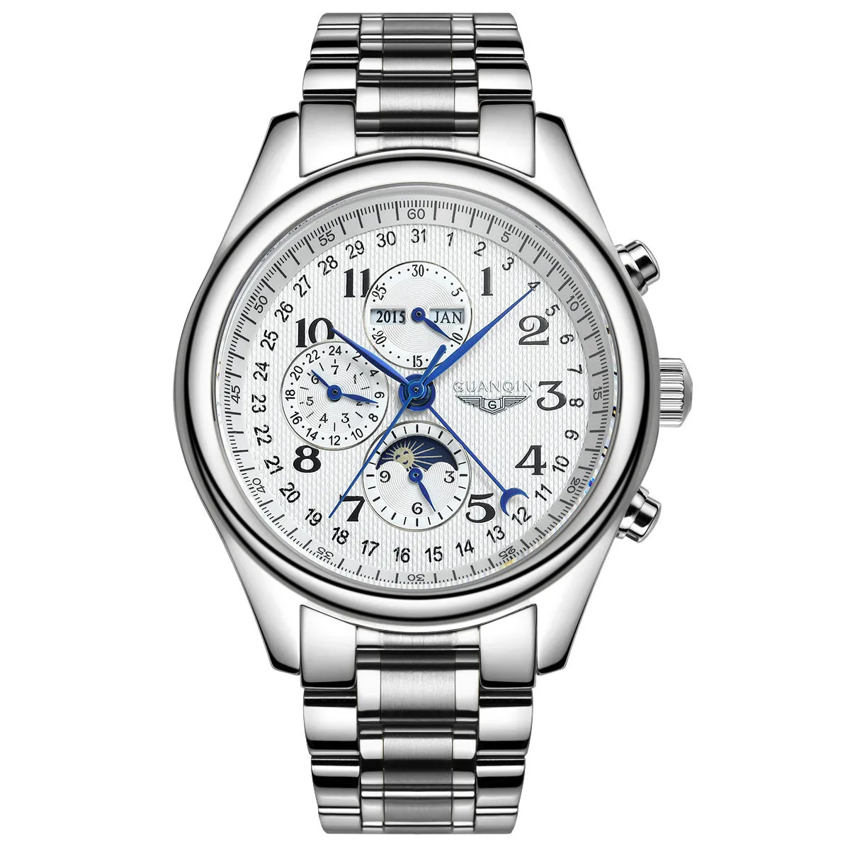 Men's mechanical perpetual calendar watch with moon phase display and luminous hands