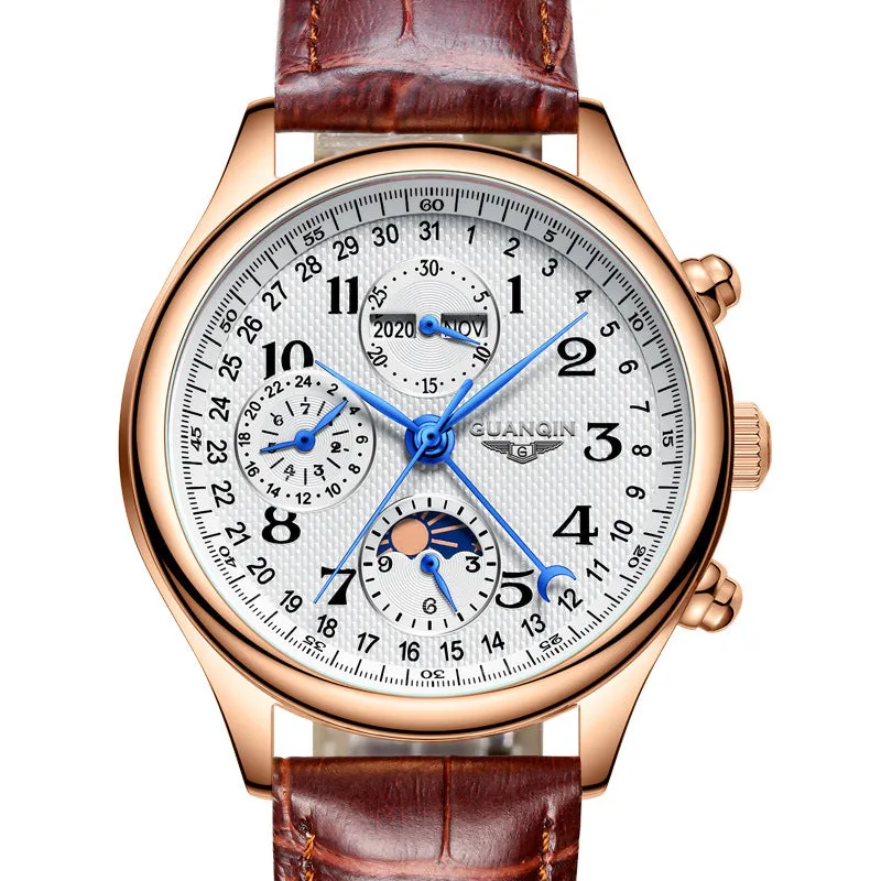 Men's mechanical perpetual calendar watch with moon phase display and luminous hands