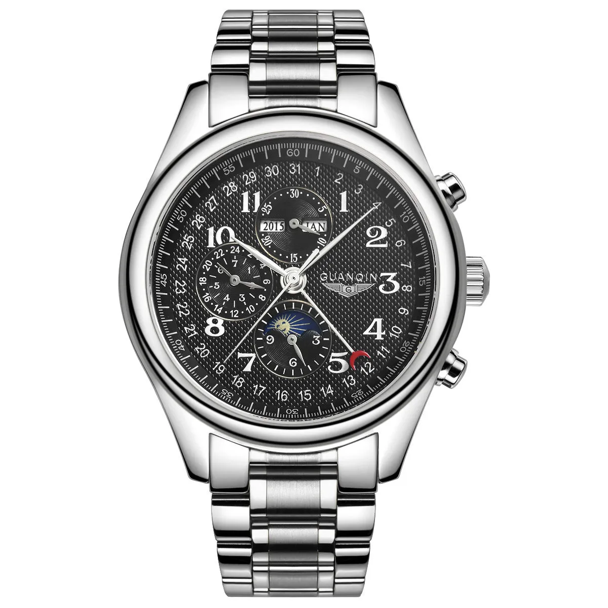 Men's mechanical perpetual calendar watch with moon phase display and luminous hands