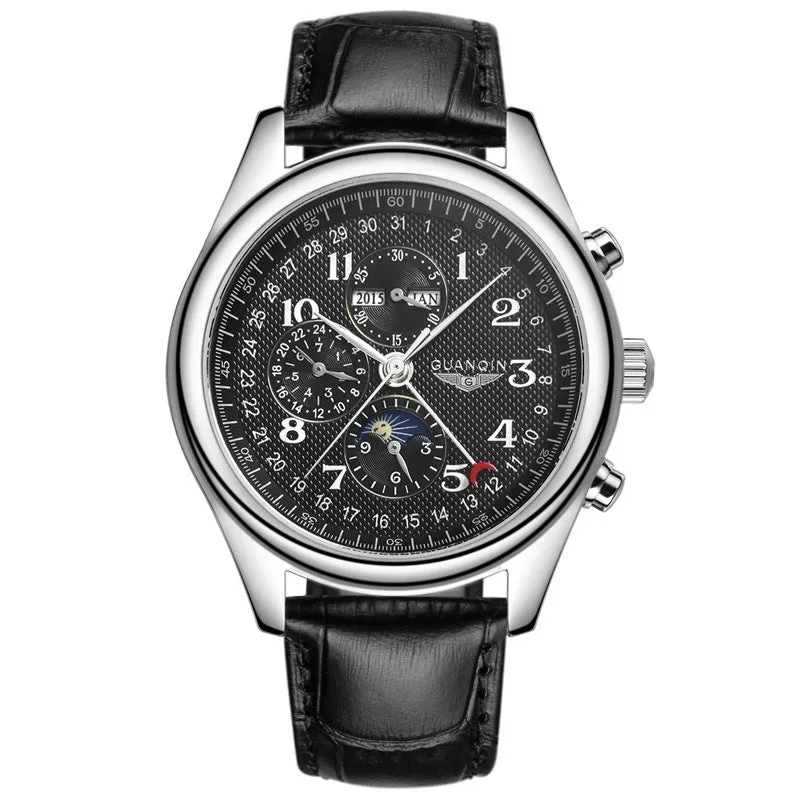 Men's mechanical perpetual calendar watch with moon phase display and luminous hands