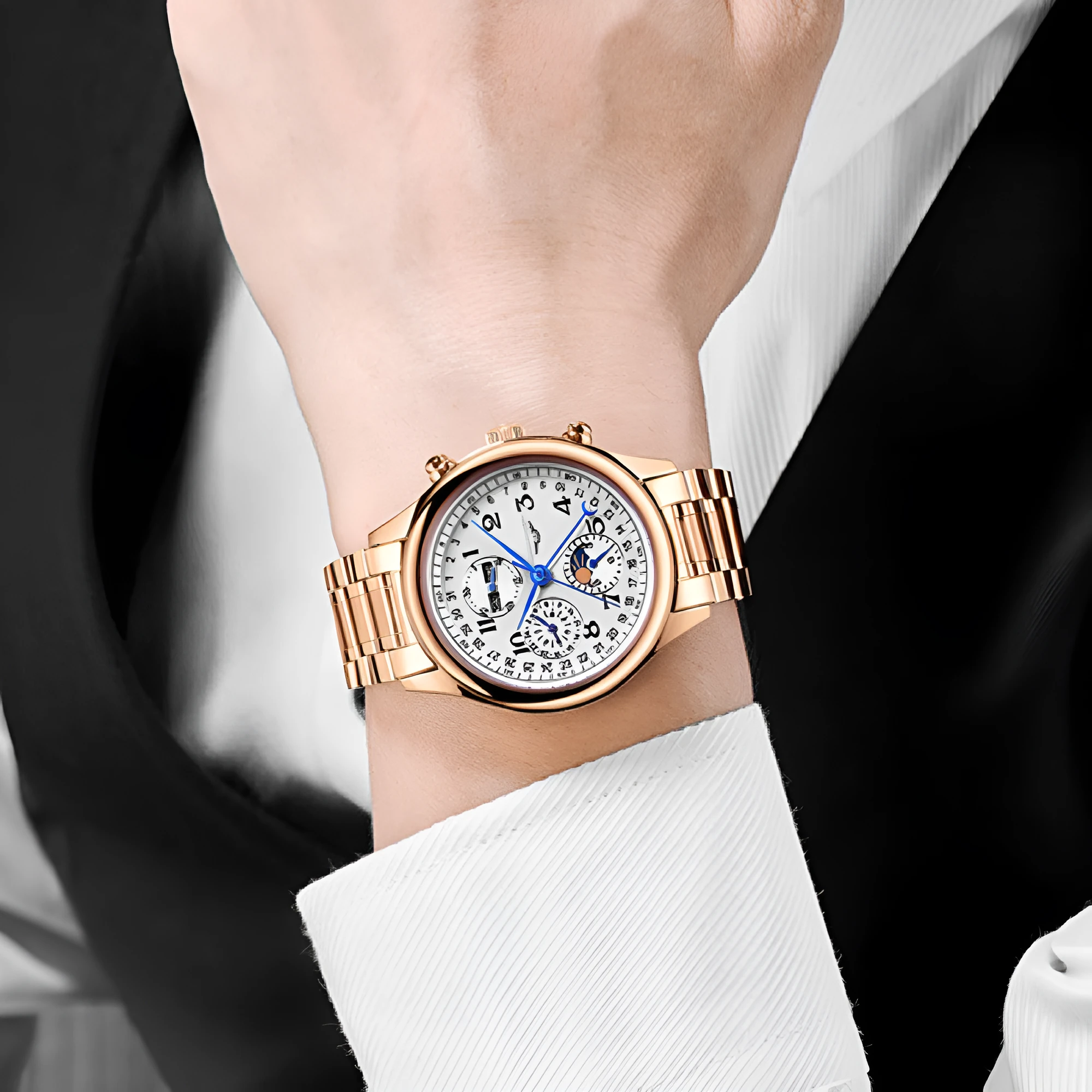 Men's mechanical perpetual calendar watch with moon phase display and luminous hands