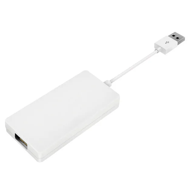 Black wireless CarPlay USB dongle for connecting iPhone to Android car stereo.