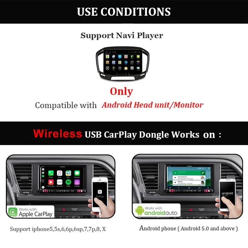 Black wireless CarPlay USB dongle for connecting iPhone to Android car stereo.