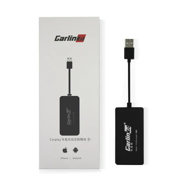 Black wireless CarPlay USB dongle for connecting iPhone to Android car stereo.