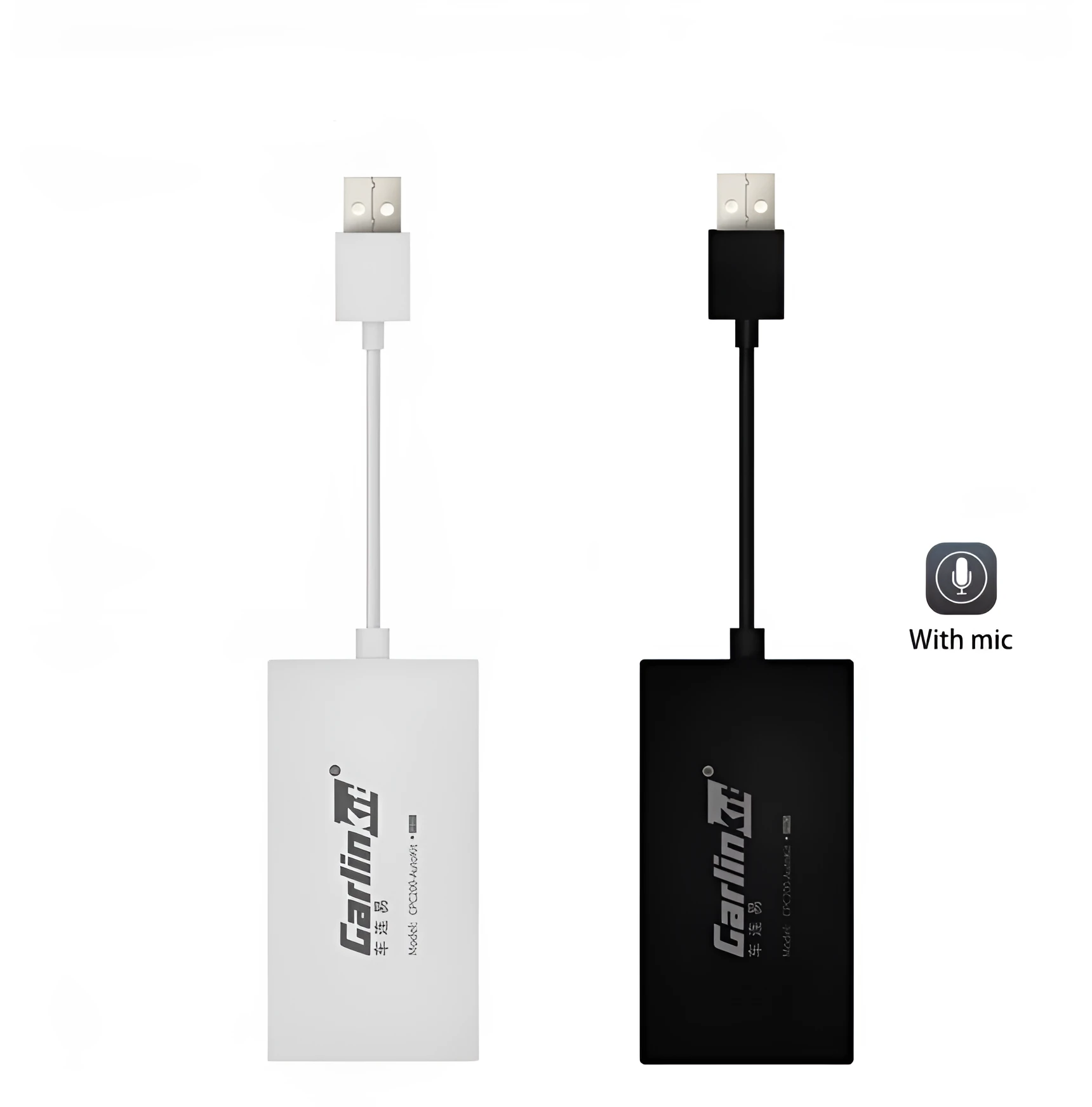 Black wireless CarPlay USB dongle for connecting iPhone to Android car stereo.