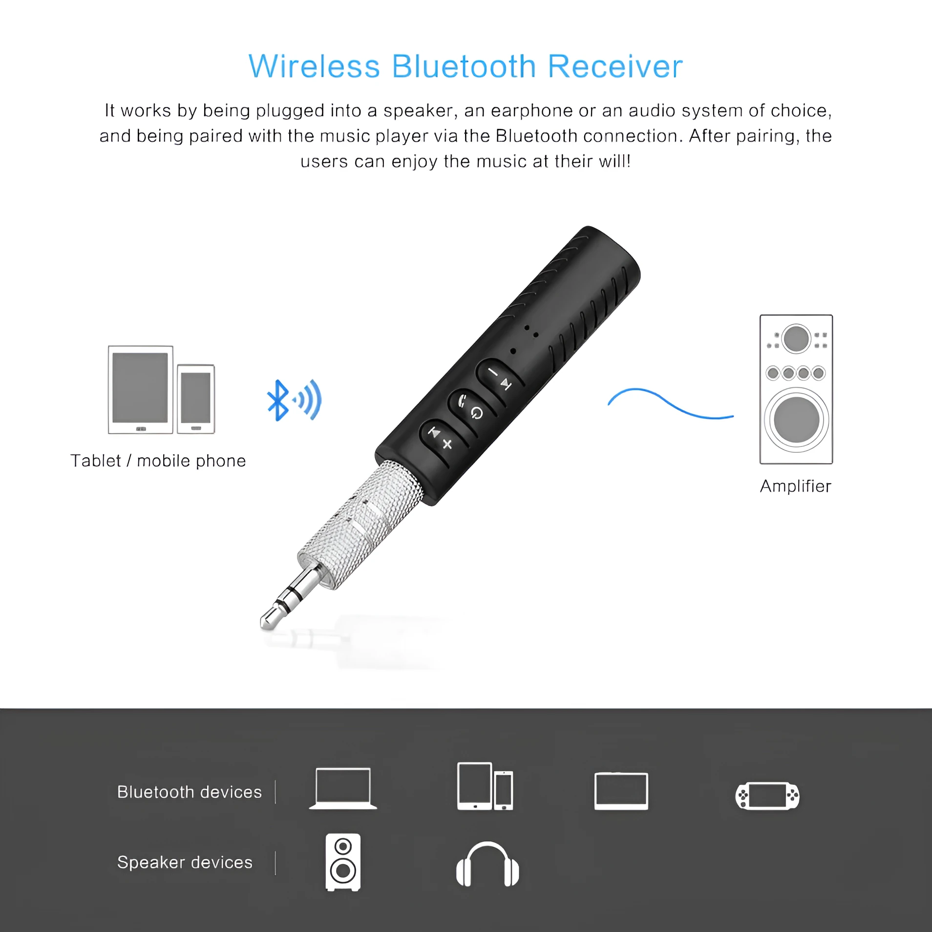 Black universal Bluetooth audio receiver adapter with 3.5mm jack for car stereo and speaker wireless upgrade
