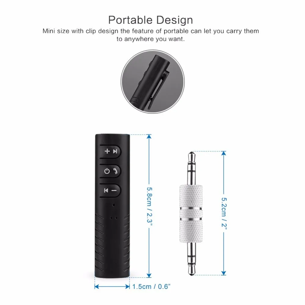 Black universal Bluetooth audio receiver adapter with 3.5mm jack for car stereo and speaker wireless upgrade
