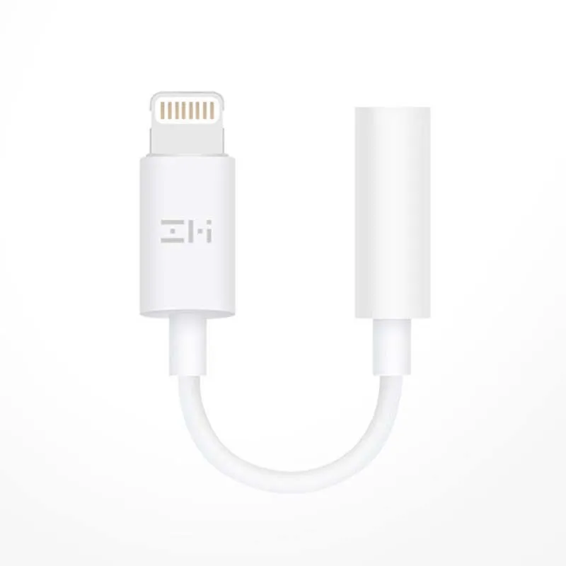 White lightning to 3.5mm audio adapter cable for iPhones showing three variant connectors