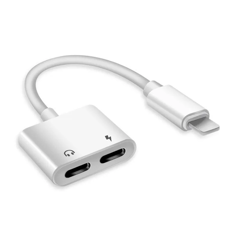 White lightning to 3.5mm audio adapter cable for iPhones showing three variant connectors