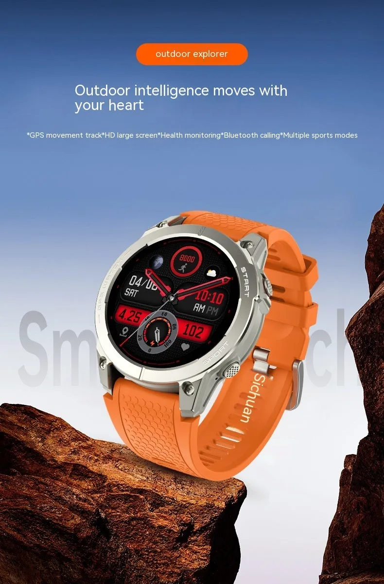 S53 Outdoor GPS Sports Call Smart Watch in black or orange with 1.43-inch touchscreen display