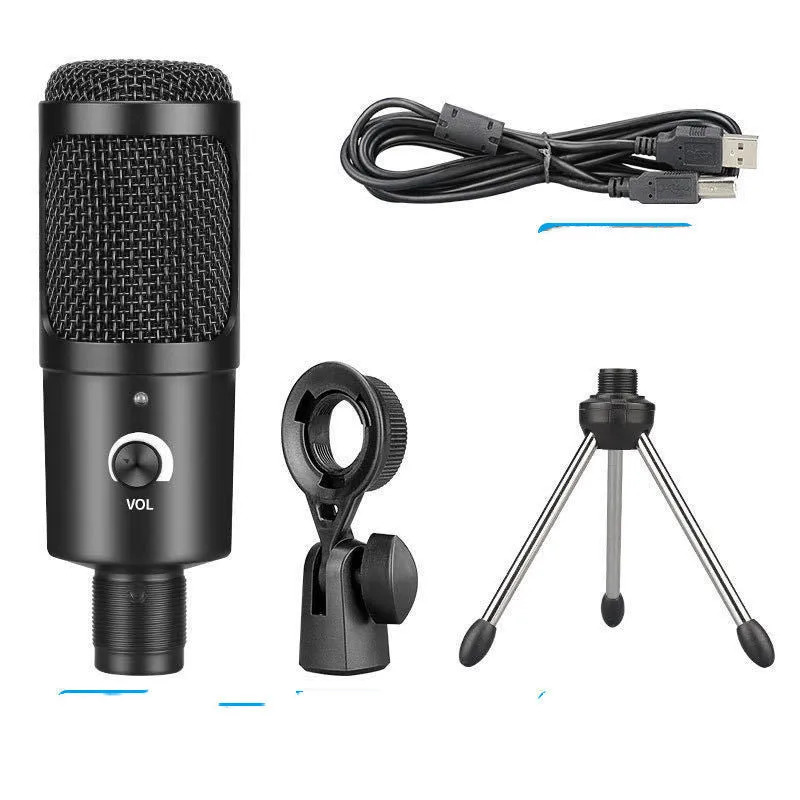 Black condenser microphone with adjustable desktop stand for computer recording