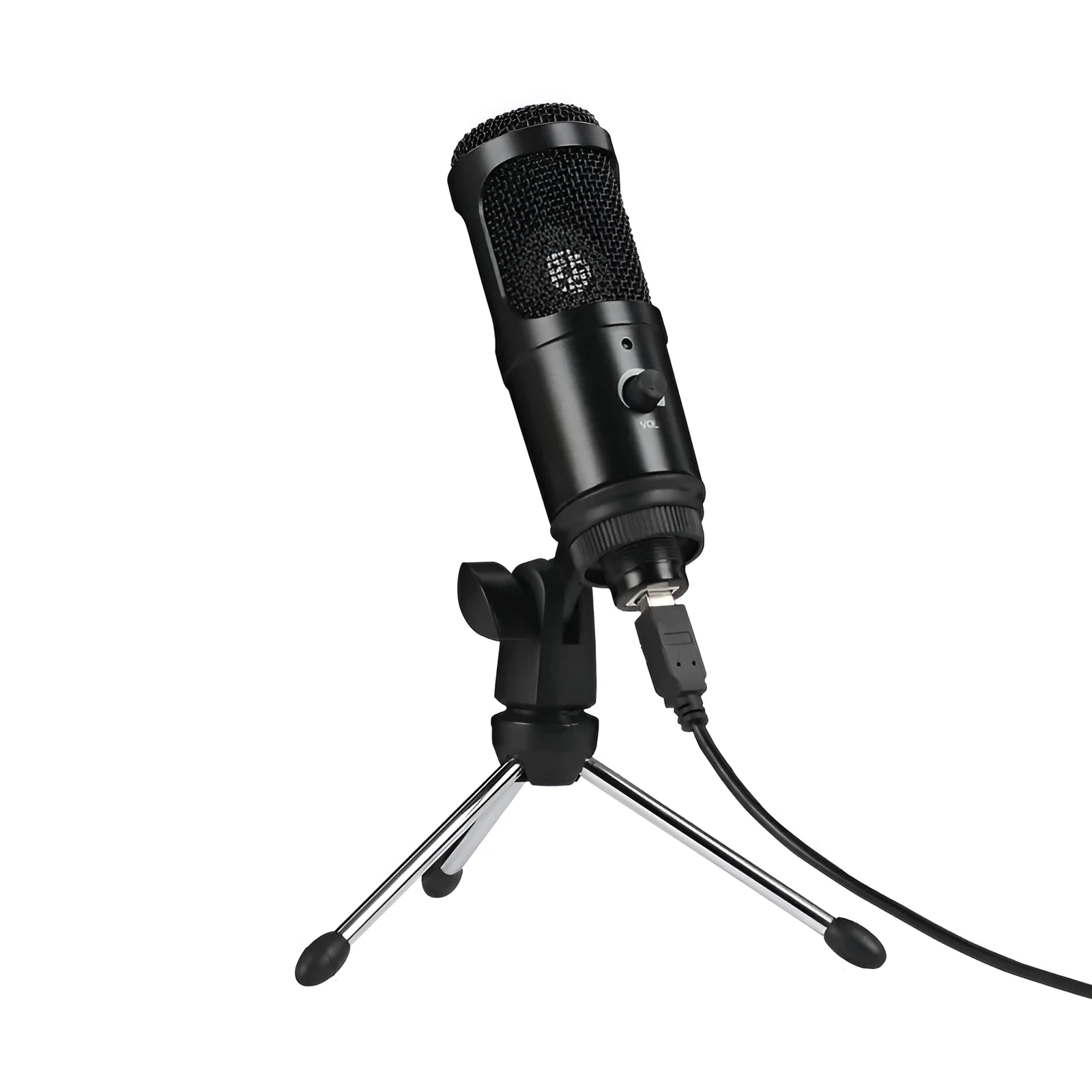 Black condenser microphone with adjustable desktop stand for computer recording