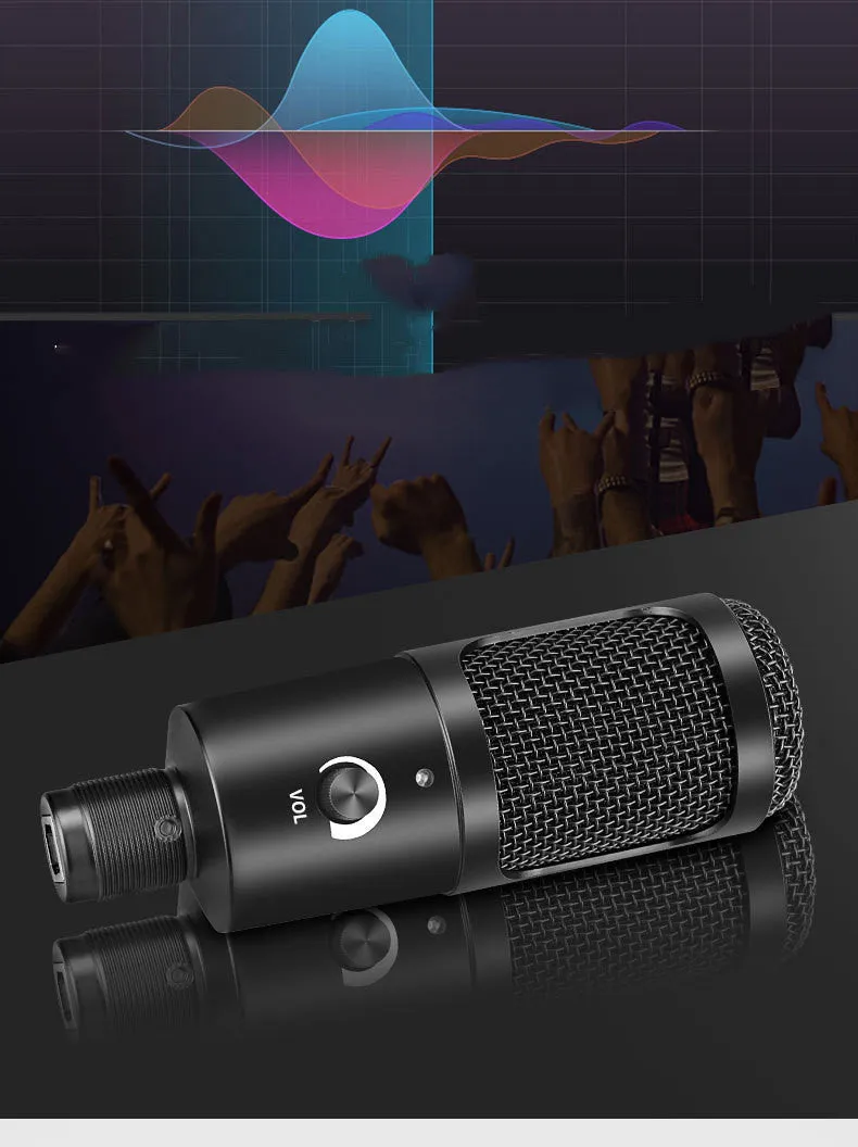 Black condenser microphone with adjustable desktop stand for computer recording