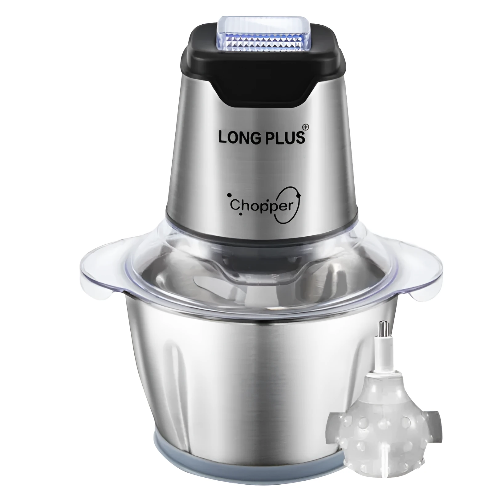 LONG PLUS white electric garlic peeler appliance on a kitchen countertop