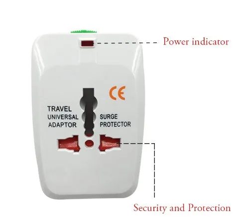 Compact white universal travel plug adapter and charger converter on a grey background.