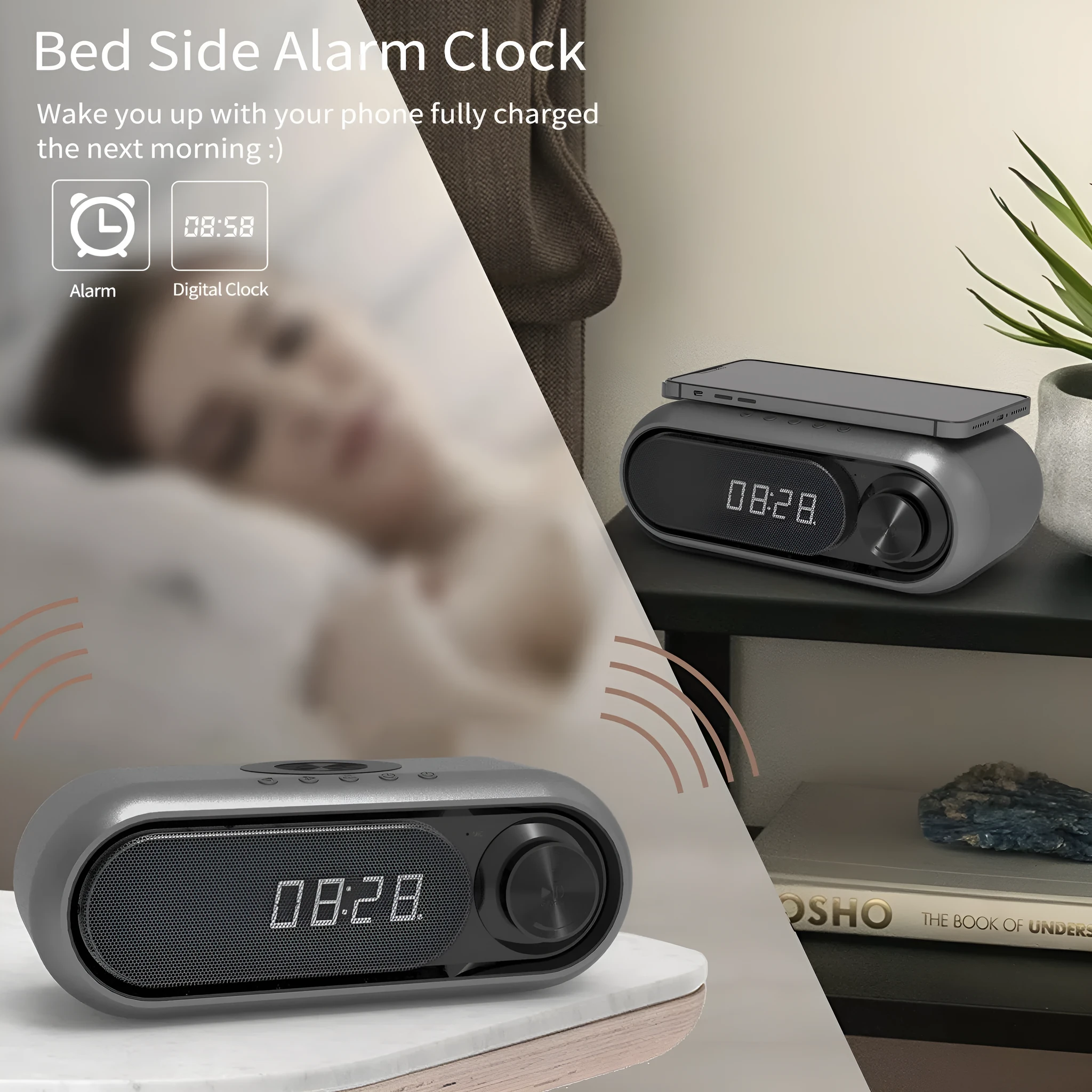Space grey wireless charging alarm clock with Bluetooth speaker and digital display