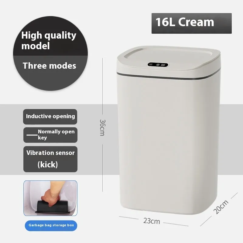 Square automatic induction rubbish bin with touch-free opening lid in milky white colour