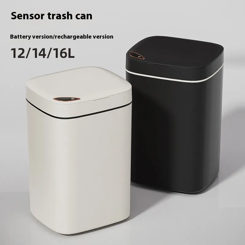 Square automatic induction rubbish bin with touch-free opening lid in milky white colour