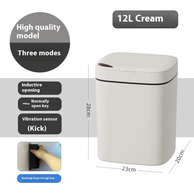 Square automatic induction rubbish bin with touch-free opening lid in milky white colour