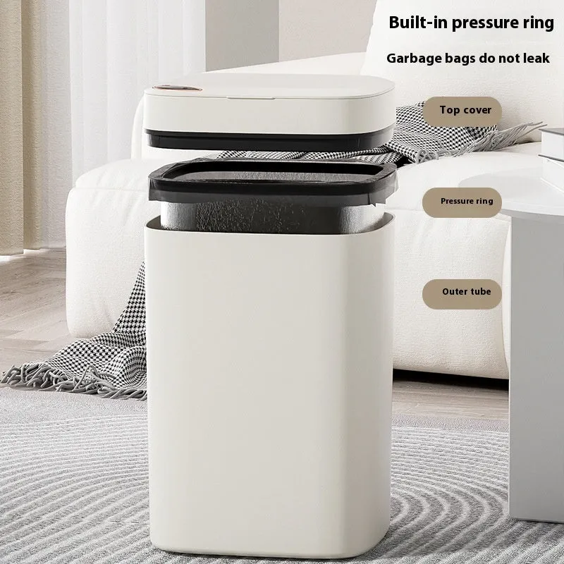 Square automatic induction rubbish bin with touch-free opening lid in milky white colour