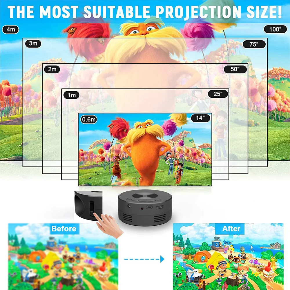 Black mini portable home projector for children next to a mobile phone.