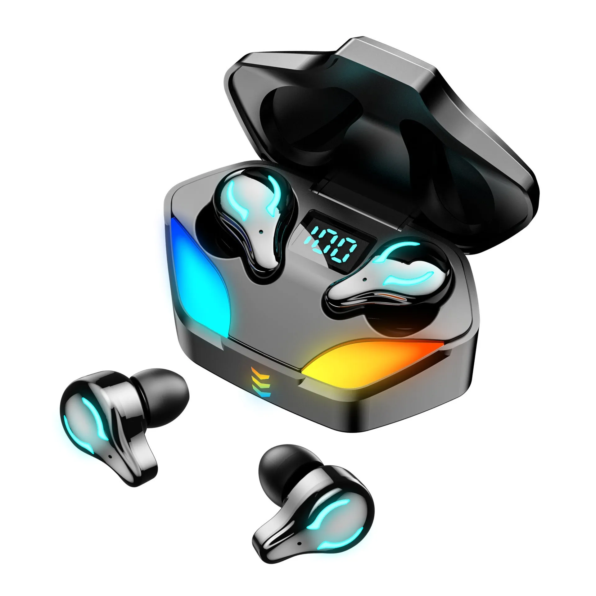 Black in-ear Bluetooth gaming headset for e-sports with zero audio delay.