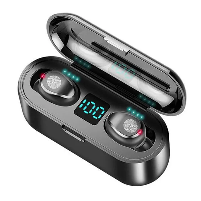 Black wireless Bluetooth in-ear headset with earplug design on a plain background