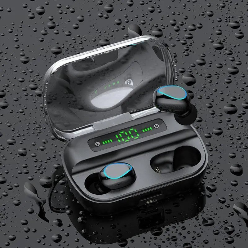 Black wireless Bluetooth in-ear headset with earplug design on a plain background