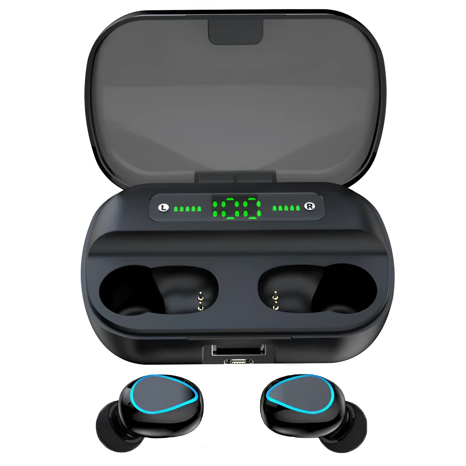 Black wireless Bluetooth in-ear headset with earplug design on a plain background