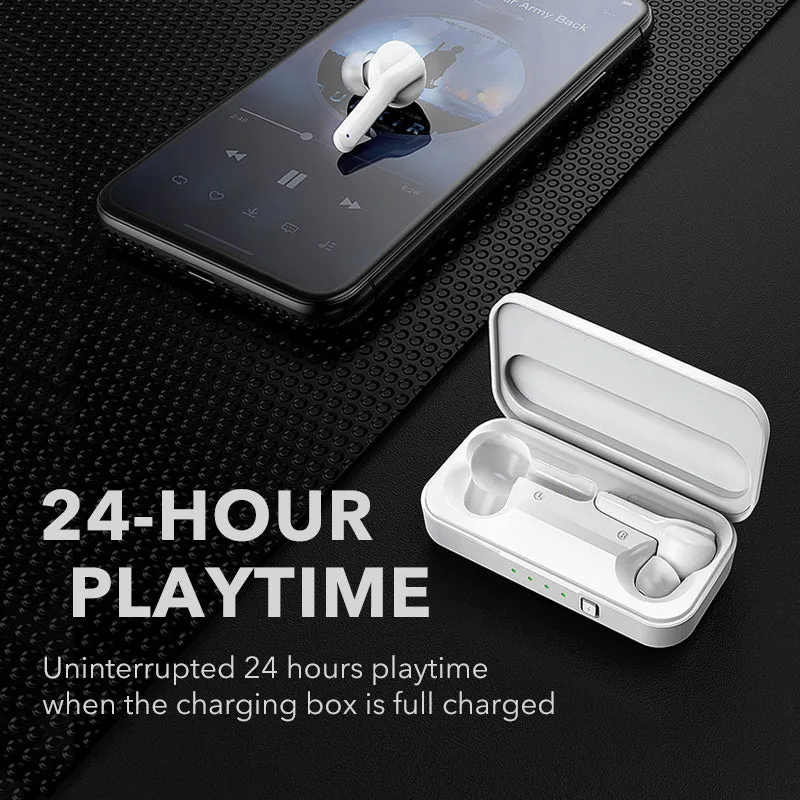 Black and white true wireless Bluetooth earbuds with in-ear design.