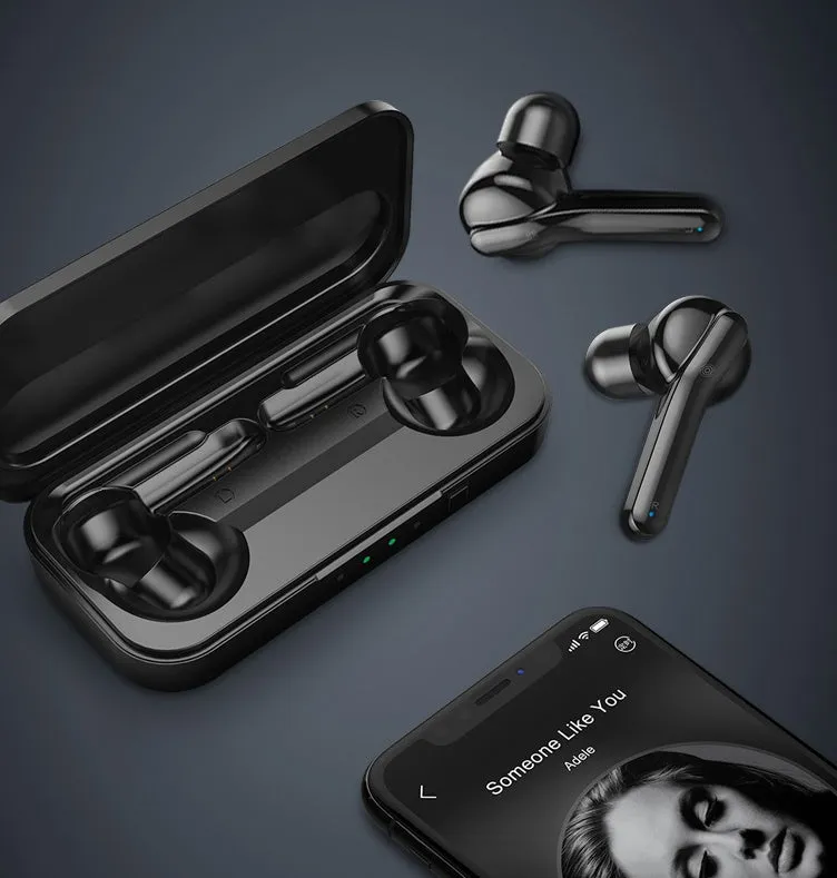 Black and white true wireless Bluetooth earbuds with in-ear design.