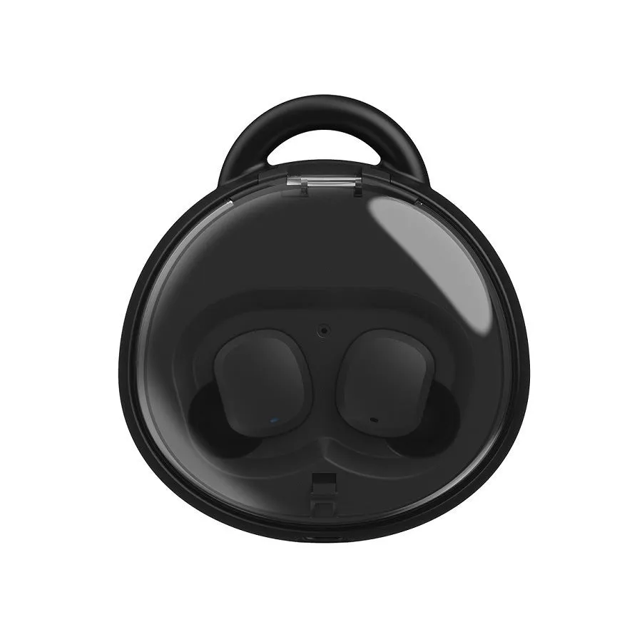 Red TWS wireless Bluetooth headset with in-ear design showing compact size