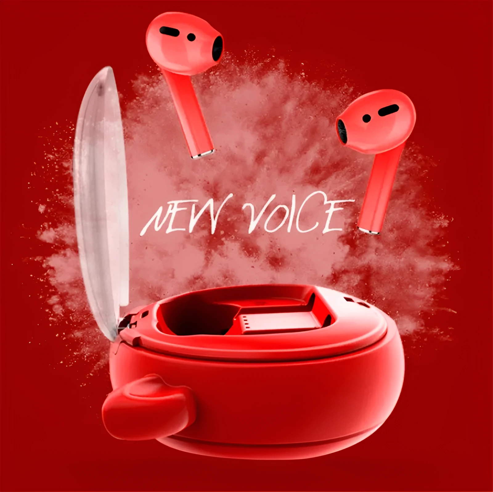 Red TWS wireless Bluetooth headset with in-ear design showing compact size