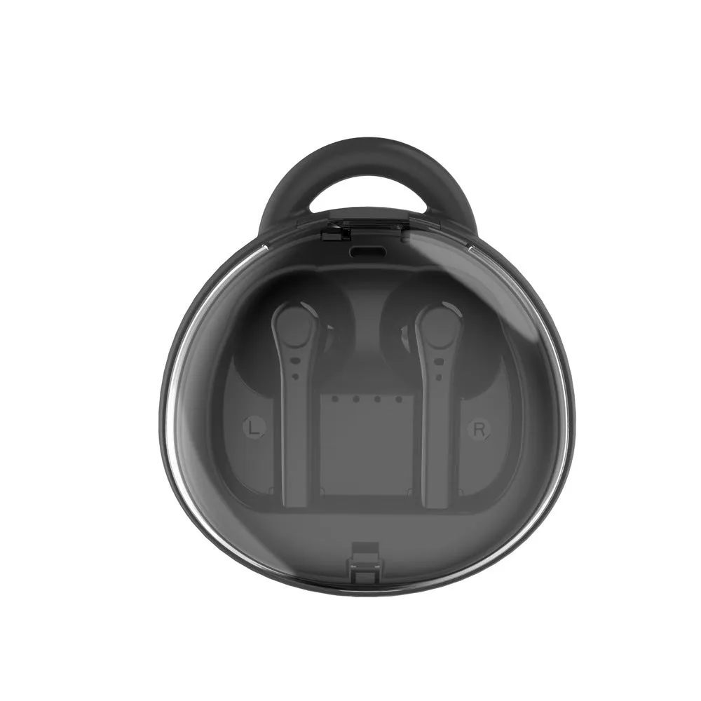 Red TWS wireless Bluetooth headset with in-ear design showing compact size