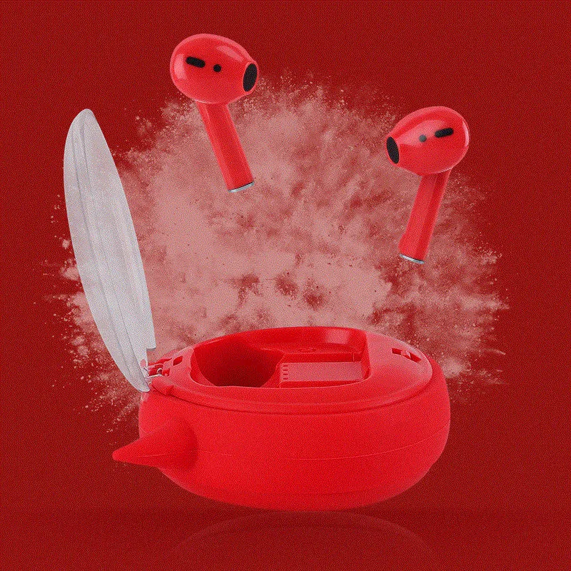 Red TWS wireless Bluetooth headset with in-ear design showing compact size