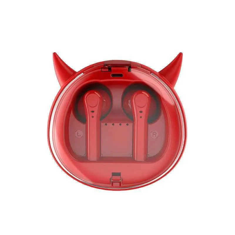 Red TWS wireless Bluetooth headset with in-ear design showing compact size
