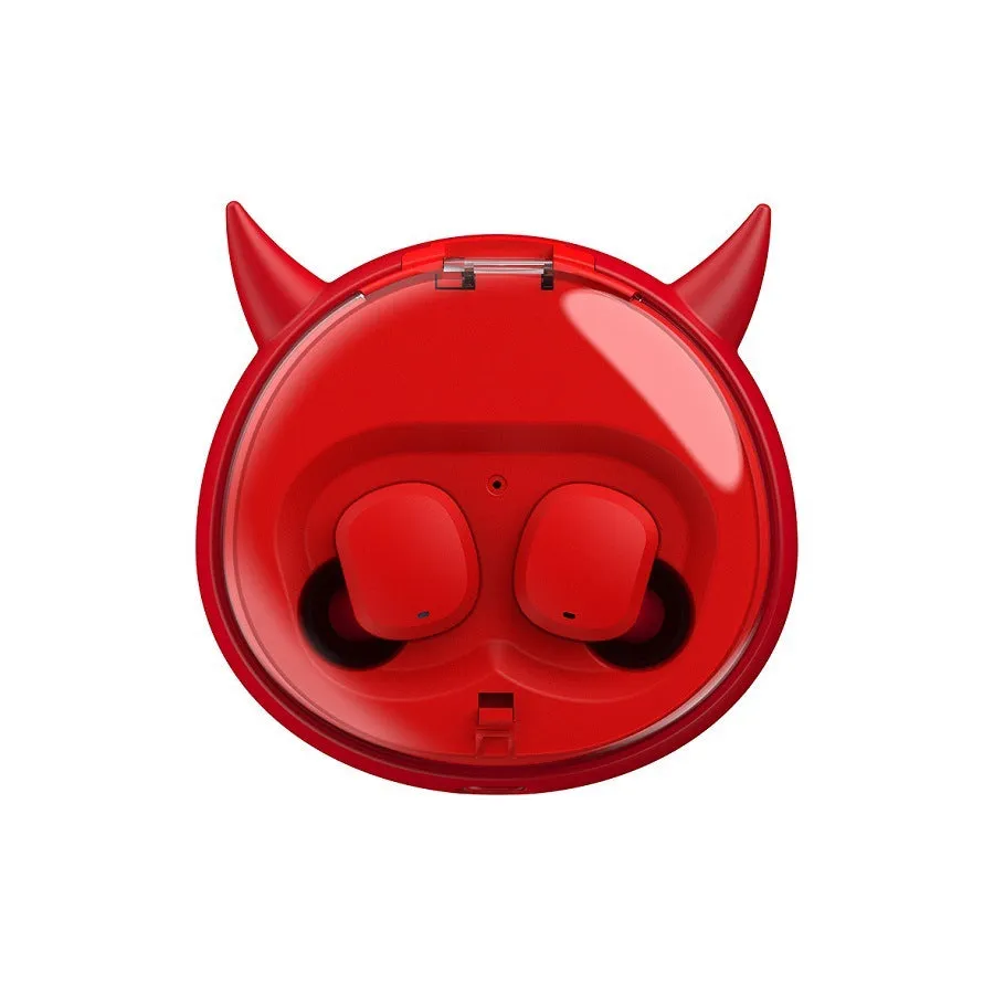 Red TWS wireless Bluetooth headset with in-ear design showing compact size