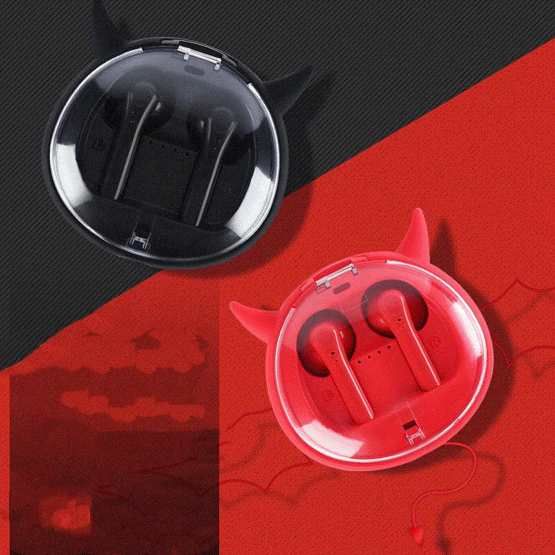 Red TWS wireless Bluetooth headset with in-ear design showing compact size
