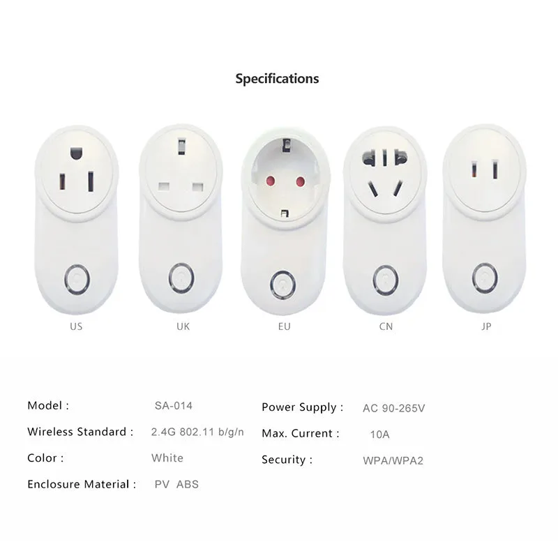 A white smart WiFi socket with either a UK 3-pin or US 2-pin plug, shown with the ewelink app on a smartphone.