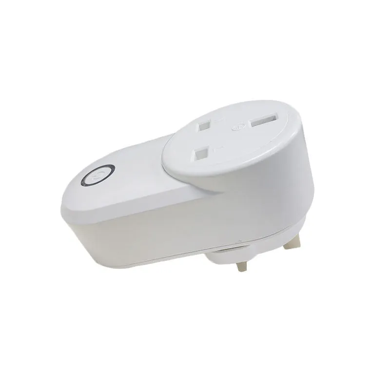 A white smart WiFi socket with either a UK 3-pin or US 2-pin plug, shown with the ewelink app on a smartphone.