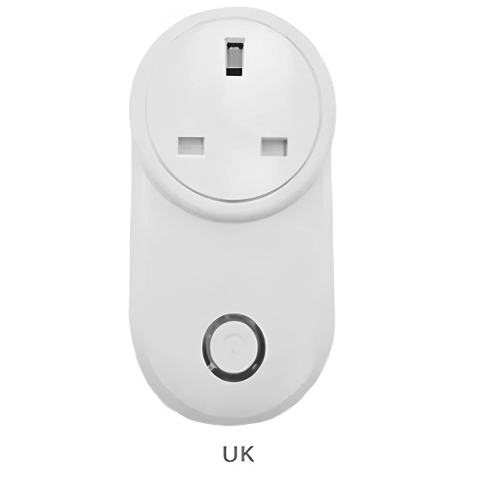 A white smart WiFi socket with either a UK 3-pin or US 2-pin plug, shown with the ewelink app on a smartphone.