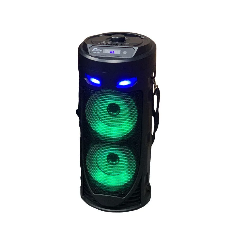 Black portable Bluetooth speaker with dual horn cannon design and compact dimensions