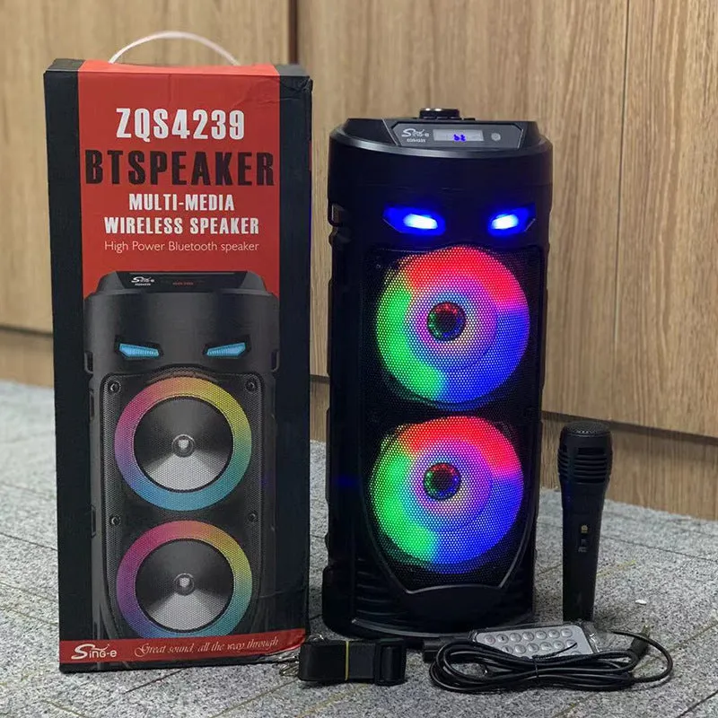 Black portable Bluetooth speaker with dual horn cannon design and compact dimensions