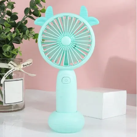 A handheld mini fan with plastic blades, shown in blue, green, pink, and yellow colour options.