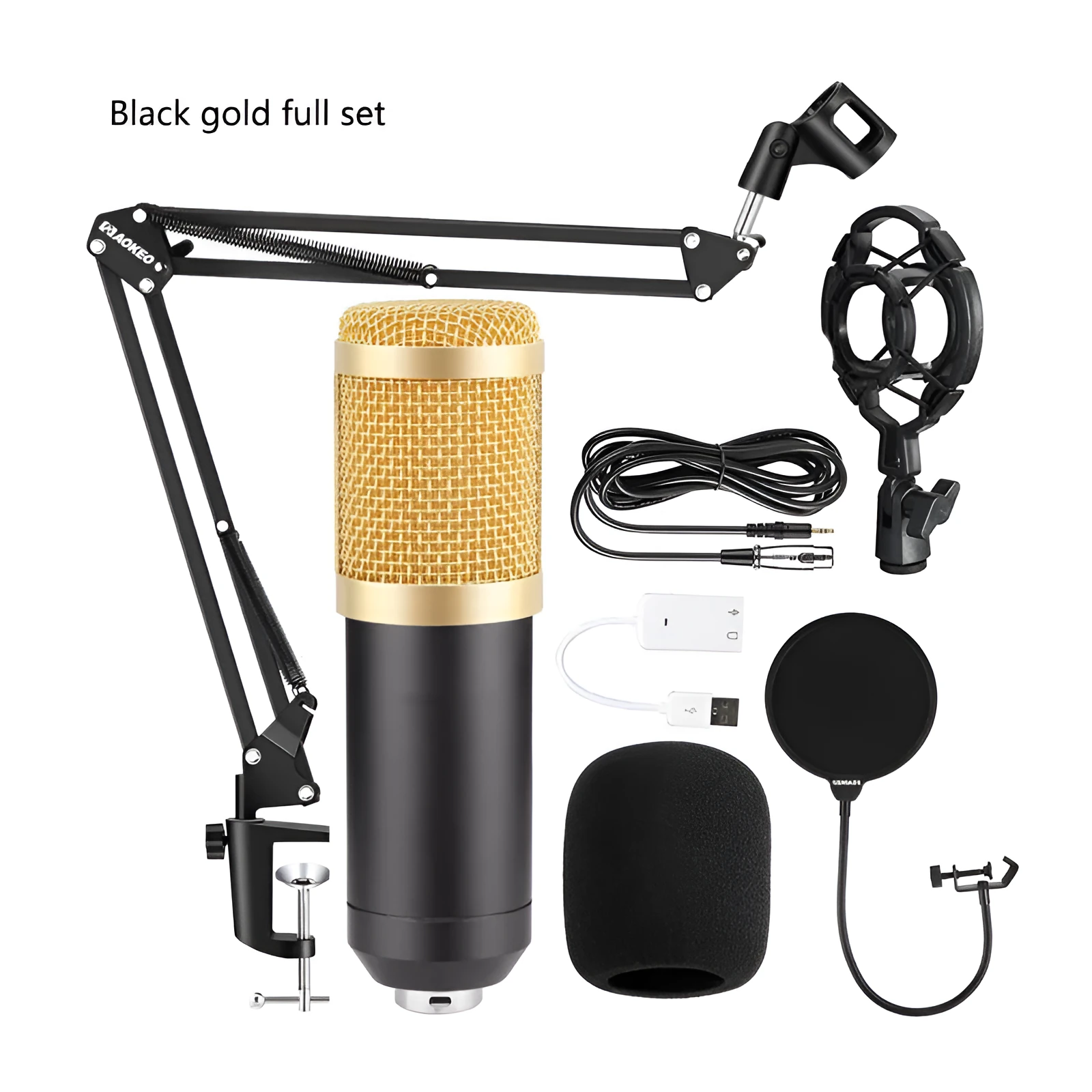 Bm800 condenser microphone kit with shock mount bracket, large pop filter, and foam windscreen on a desk.