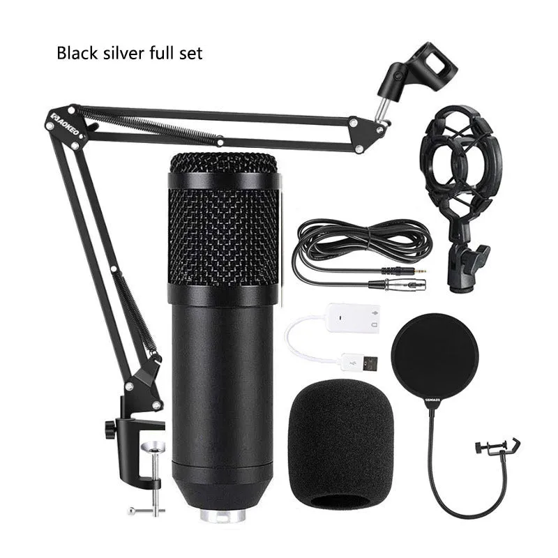 Bm800 condenser microphone kit with shock mount bracket, large pop filter, and foam windscreen on a desk.